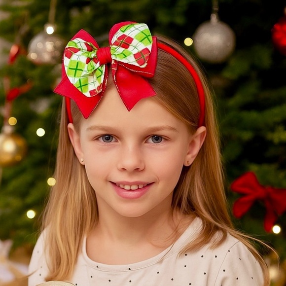Girls Red & Green Argyle Christmas Bow Headband | Layered Bow Headband - Picture 1 of 9